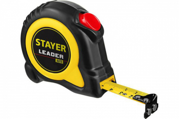 Рулетка 8м/25мм с автостопом в ударостойком обрезиненном корпусе LEADER STAYER